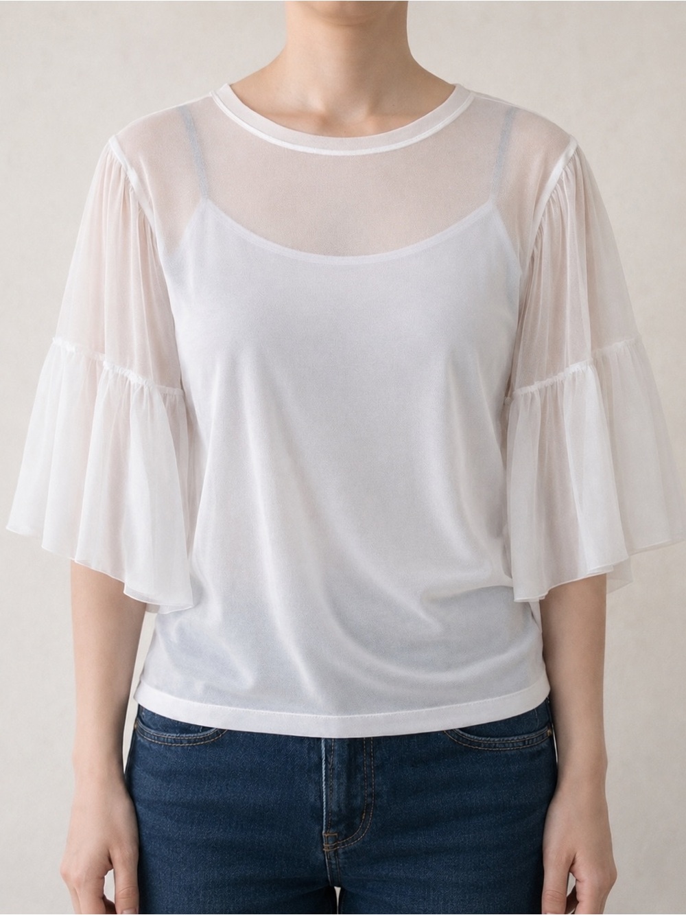 🇮🇹 IMPERIAL Sheer Tulle Overlay Blouse White Small